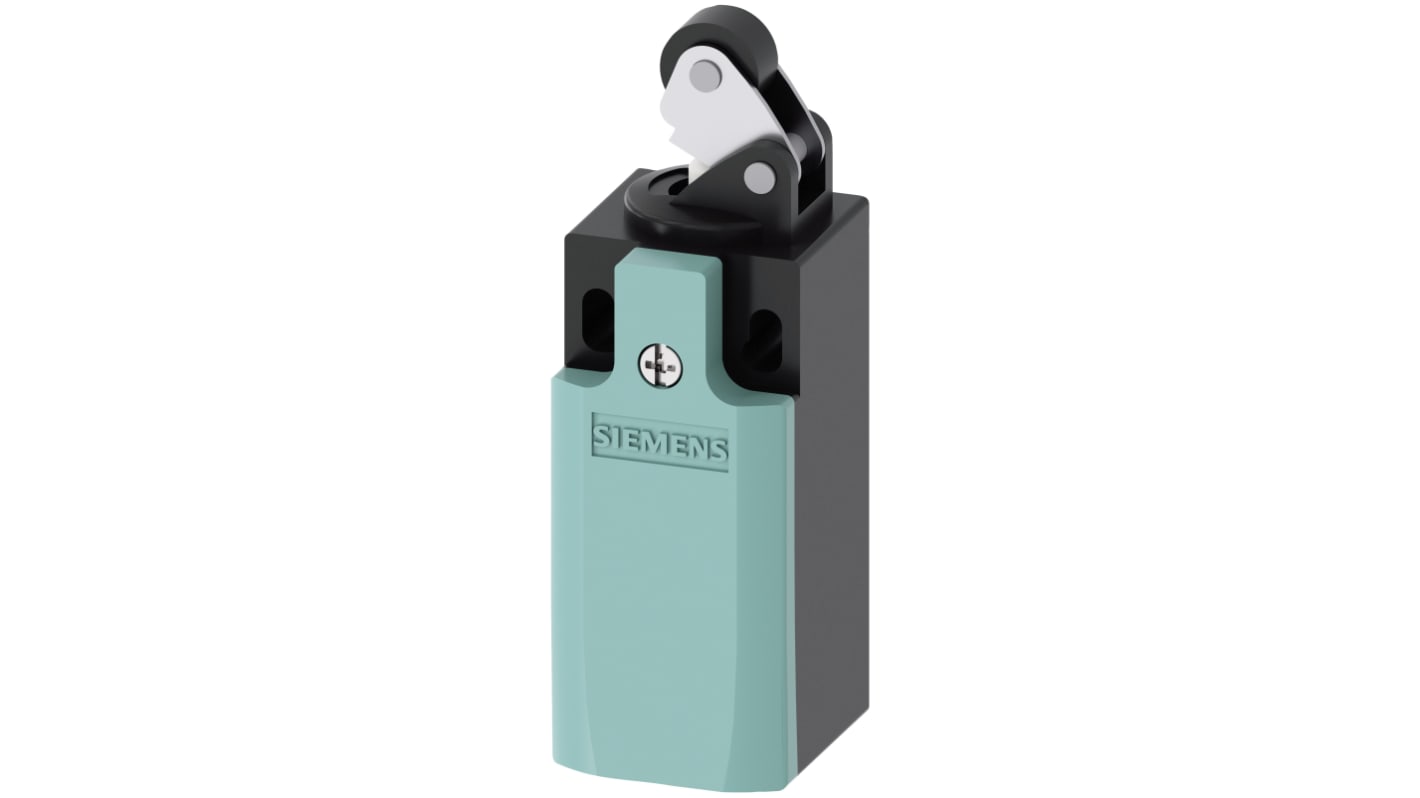 Interruttore di fine corsa Siemens 3SE5232-0BE10 con leva a rullo, configurazione DPST, protezione IP65, dimensioni 75.7 x 31 x 33 mm.