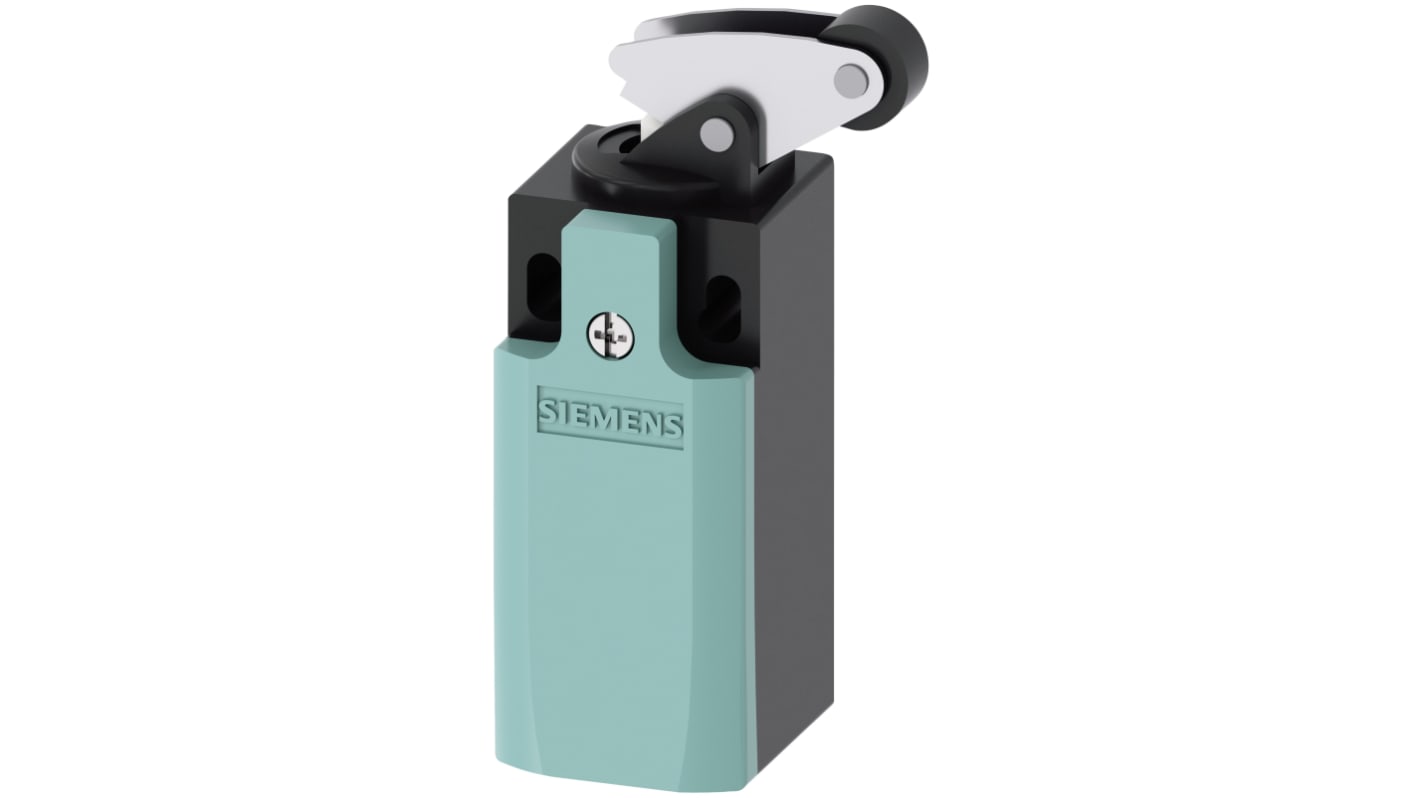 Siemens interruttore di fine corsa 3SE5232-0HF10 con leva a rullo, configurazione DPST, protezione IP65, dimensioni 75.7x33x31 mm.