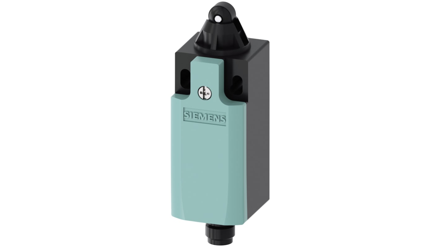 Interruttore di fine corsa Siemens 3SE5234-0HD03-1AC4, tasto a rotella NO/NC, protezione IP65, dimensioni 75.7x33x31 mm.