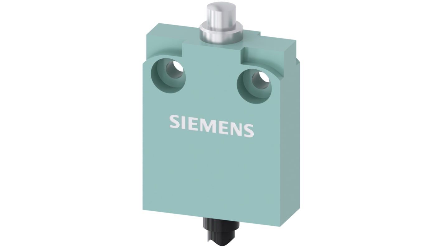 Interruttore di finecorsa Siemens 3SE5423-0CC20-1EA2, pistone superiore, contatti DPST, IP67, montaggio universale, dimensioni 40x50x16 mm.