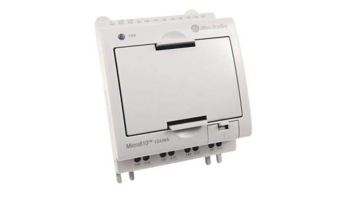 Allen Bradley 2080-LC10-12AWA, CPU PLC Micro810, 8 ingressi, 4 uscite, montaggio su guida DIN, dimensioni 91 x 75 x 59 mm.