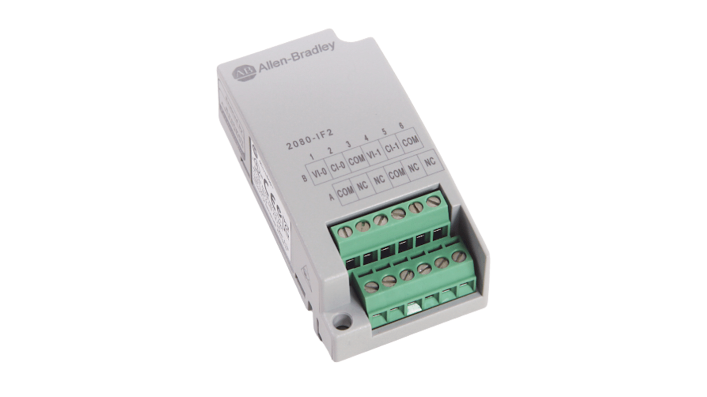Modulo I/O PLC Allen Bradley 2080-OF2 per serie Micro 830, ingressi analogici tensione/corrente, 4 uscite, robusto e compatto.