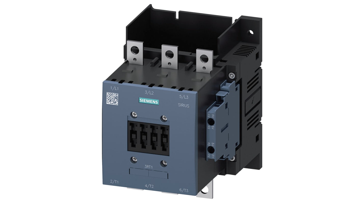 Contattore Siemens 3RT1054-6LA06, 3 poli, 2 NO + 2 NC, 115 A, 400 V, dimensioni 120x170x169 mm, montaggio a vite.