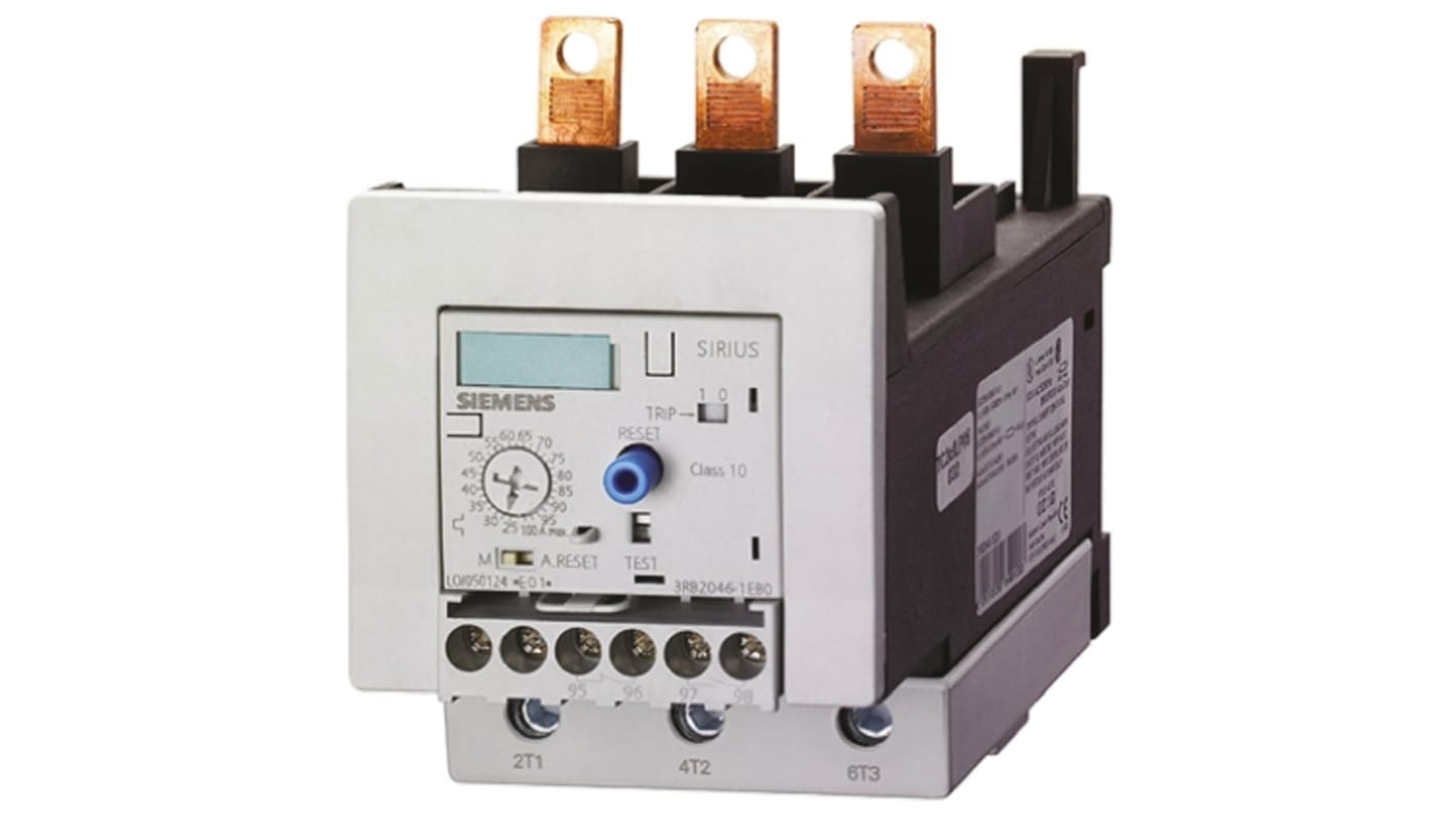 Relè di sovraccarico Siemens 3RB2036-1QW1, 1 NO + 1 NC, 4 A, 220 V c.c., 230 V c.a., dimensioni 74x109x54 mm.