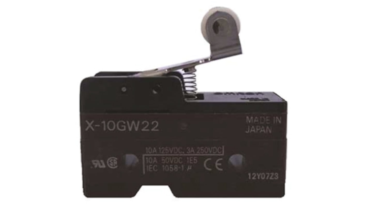 Interruttore di fine corsa a leva a rullo Omron X-10GW22-B, configurazione NO/NC, corrente 10A, montaggio laterale. Dimensioni 49.2mm x 24.2mm x 17.45mm.