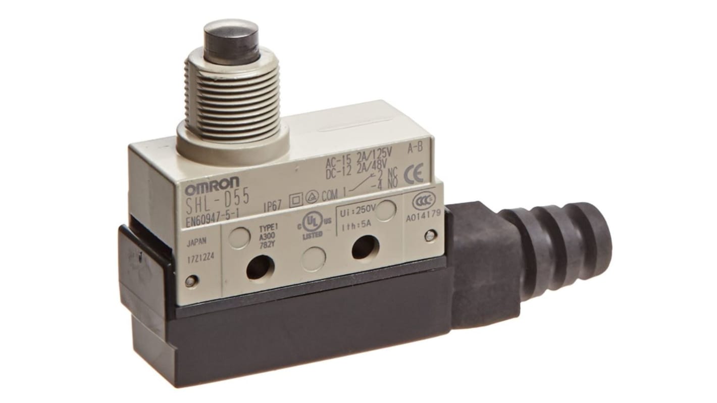 Interruttore di fine corsa Omron SHL-D55, stantuffo NO/NC, protezione IP67, montaggio laterale, dimensioni 73.5x35.9x17.5 mm.