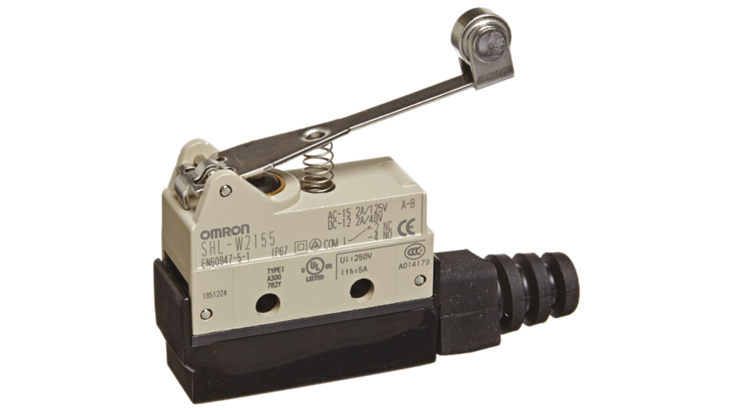 Interruttore di fine corsa Omron SHL-W2155, leva a rullo SPDT, protezione IP67, montaggio laterale, dimensioni 73.5mm x 40.9mm x 17.5mm.