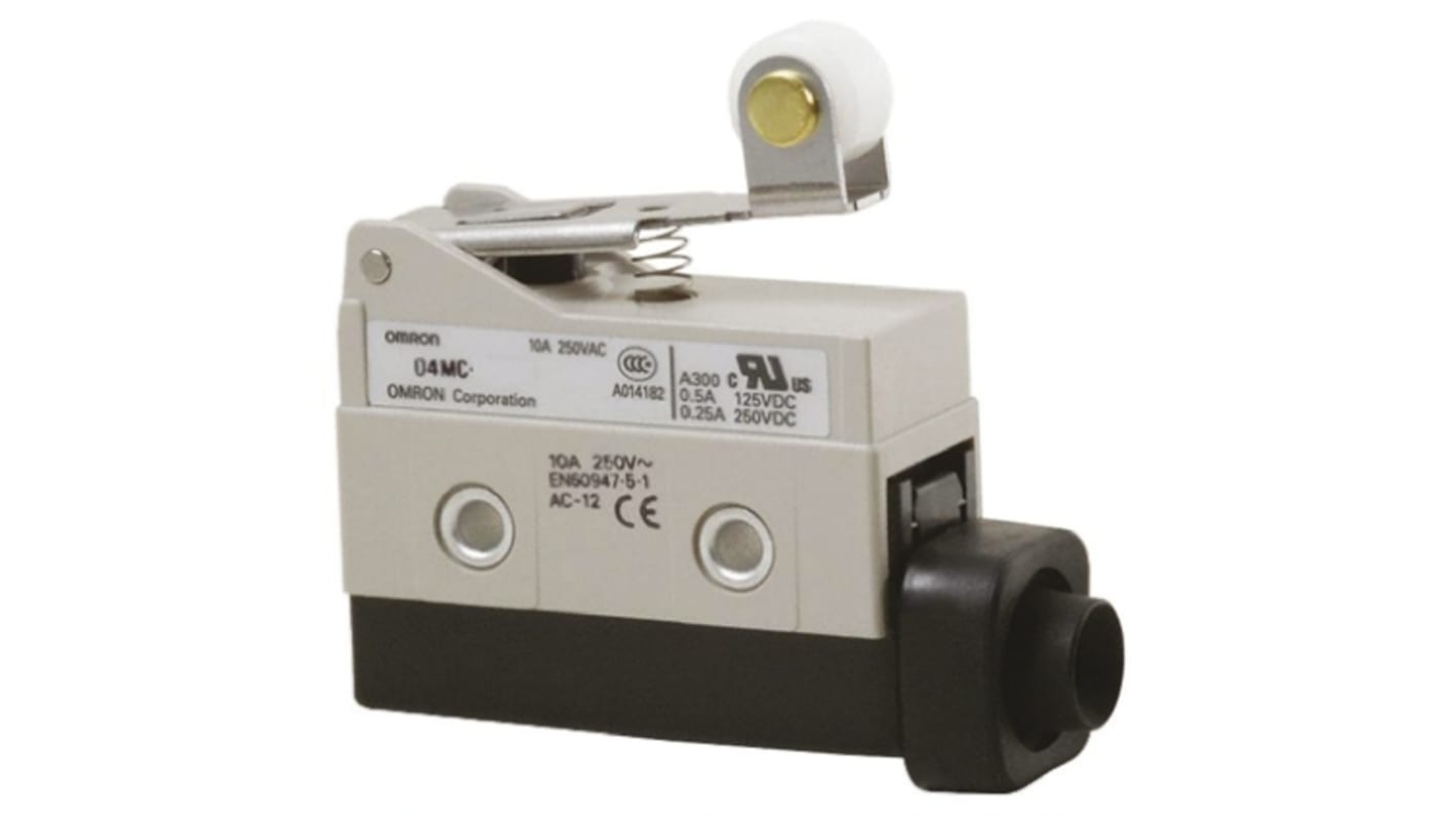 Interruttore Omron D4MC-3030 con leva a rullo, SPDT, NO/NC, IP67, 480V, 10A - Resistenza meccanica per impieghi elevati.