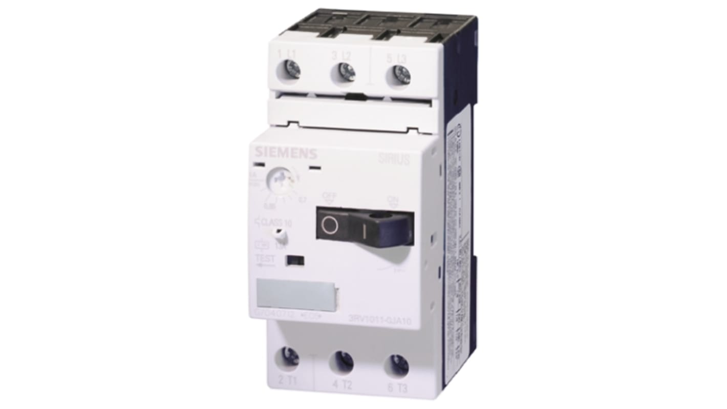 Interruttore automatico del motore Siemens 3RV1011-1EA15, 4 A, 690 V, protezione a tre poli, dimensioni 90x45x81 mm.