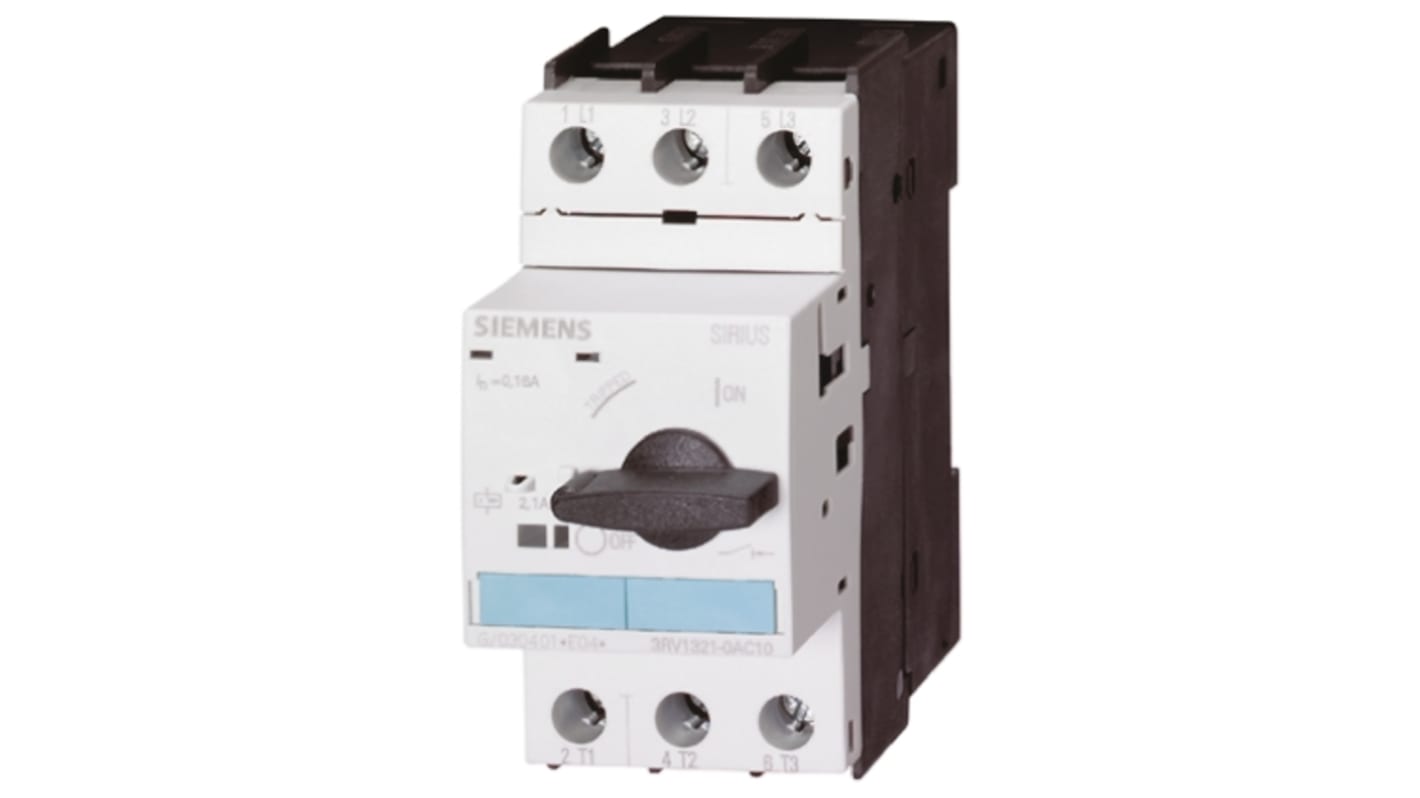 Interruttore Siemens 3RV1321-0DC10, 3 poli, 0,32 A, 690 V, compatto 97x45x96 mm, protezione motori, tecnologia a morsetto.