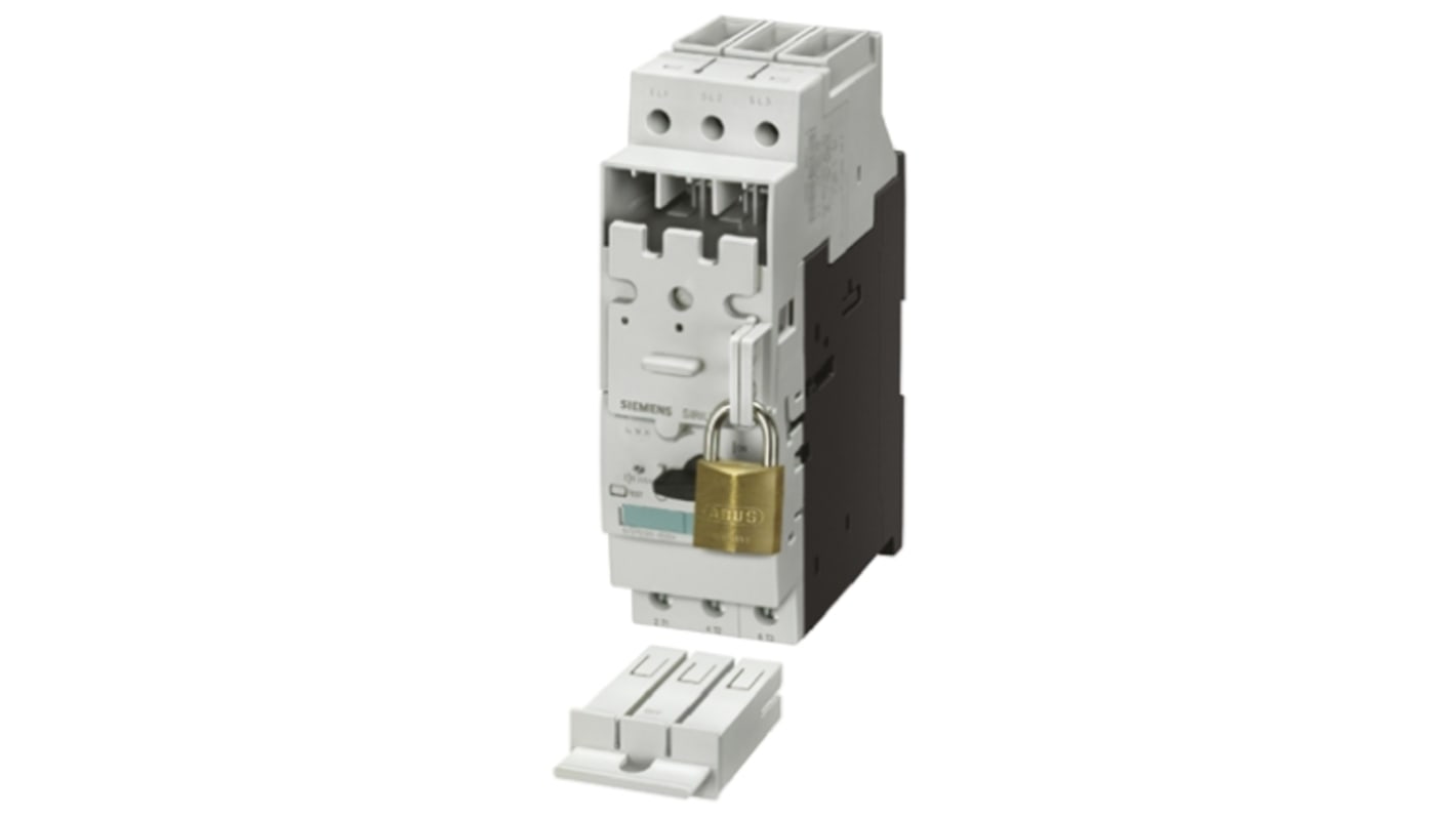 Interruttore di isolamento Siemens 3RV1938-1A SIRIUS con tre contatti principali, montaggio verticale e tecnologia a morsetto a gabbia.