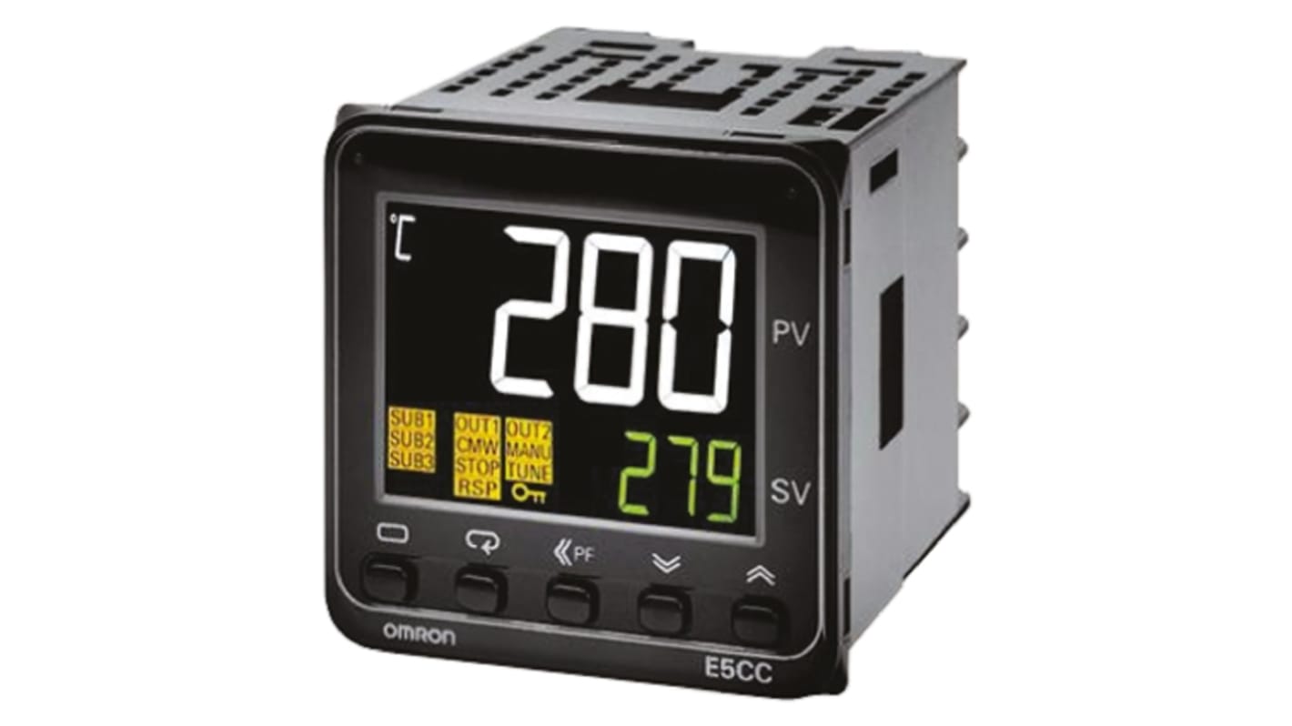 Omron E5CC-RX3D5M-001, termoregolatore PID digitale 48x48 mm, 24 V, con display LCD e morsettiera a vite.
