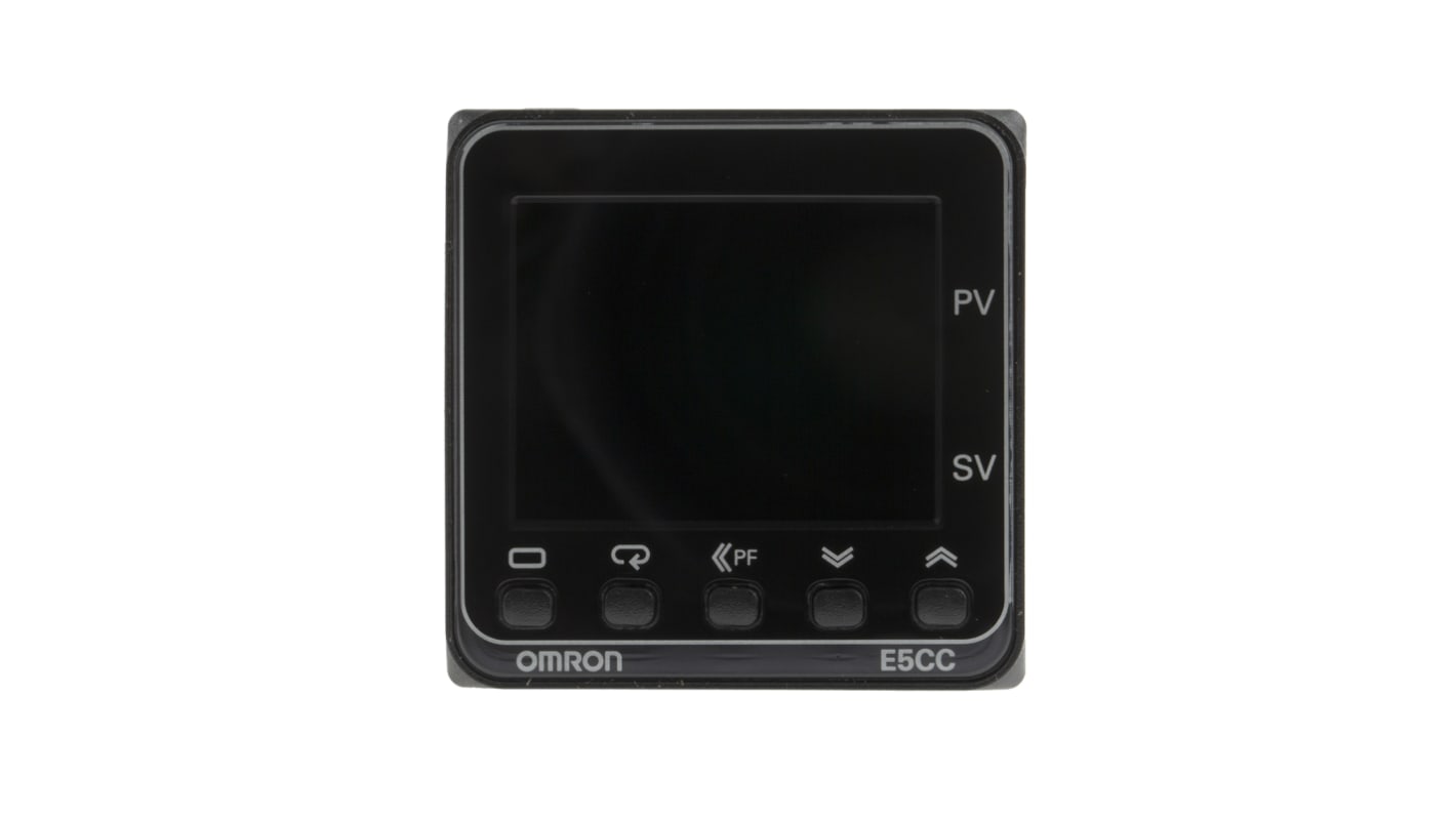 Omron E5CC-QQ3A5M-000, termoregolatore PID 48x48 mm, montaggio a pannello, tensione 100-240 V, display LCD bianco.