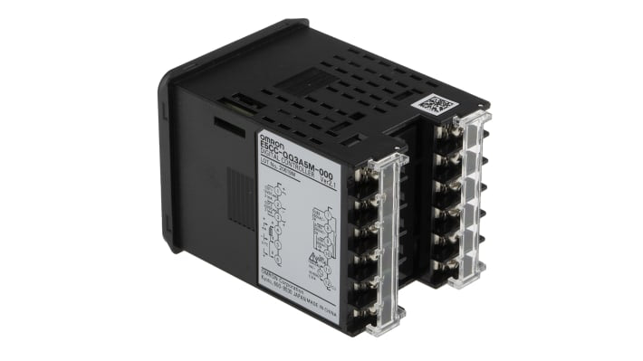 Omron E5CC-QQ3A5M-000, termoregolatore PID 48x48 mm, montaggio a pannello, tensione 100-240 V, display LCD bianco.