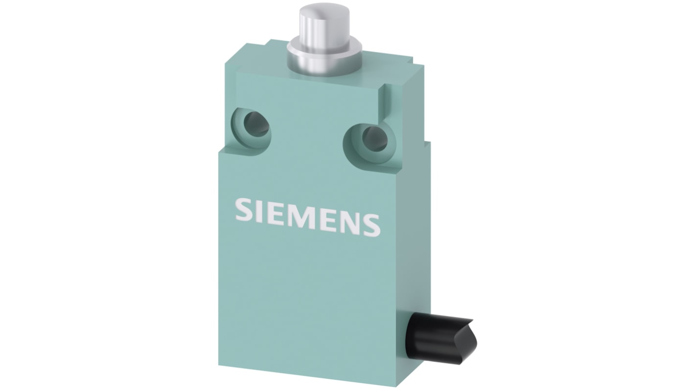 Interruttore di finecorsa Siemens 3SE5413-0CC21-1EA2, stantuffo rotondo, DPST, NO/NC, IP67, montaggio universale, dimensioni 50x30x16 mm.