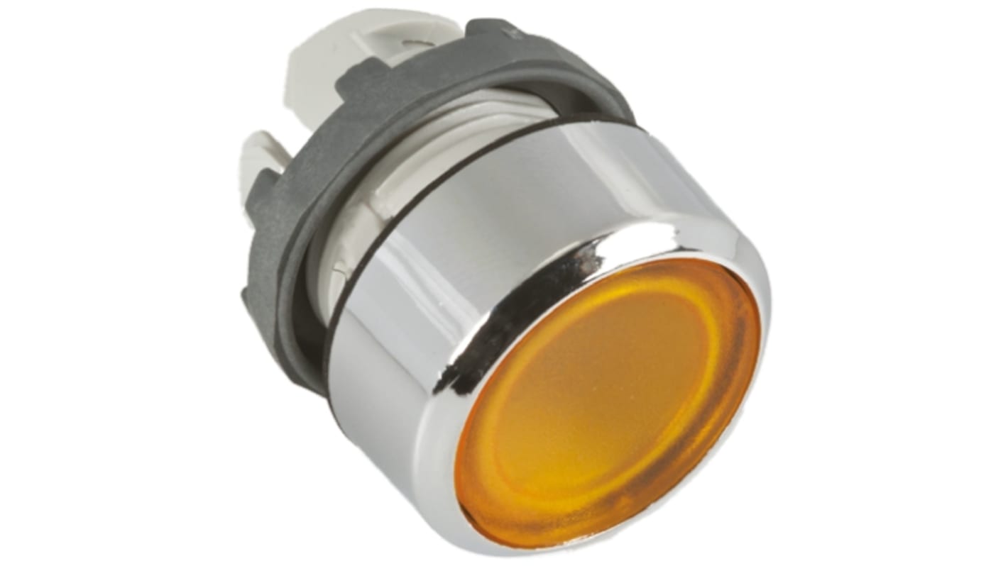 Attuatore pulsante instabile ABB, giallo con cornice cromata, diametro foro 22 mm, protezione IP66, facile installazione.