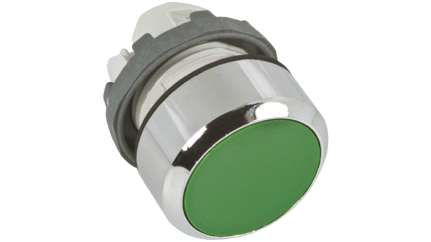Attuatore pulsante instabile ABB, serie Modular, diametro foro 22 mm, verde, cornice metallica, protezione IP66.