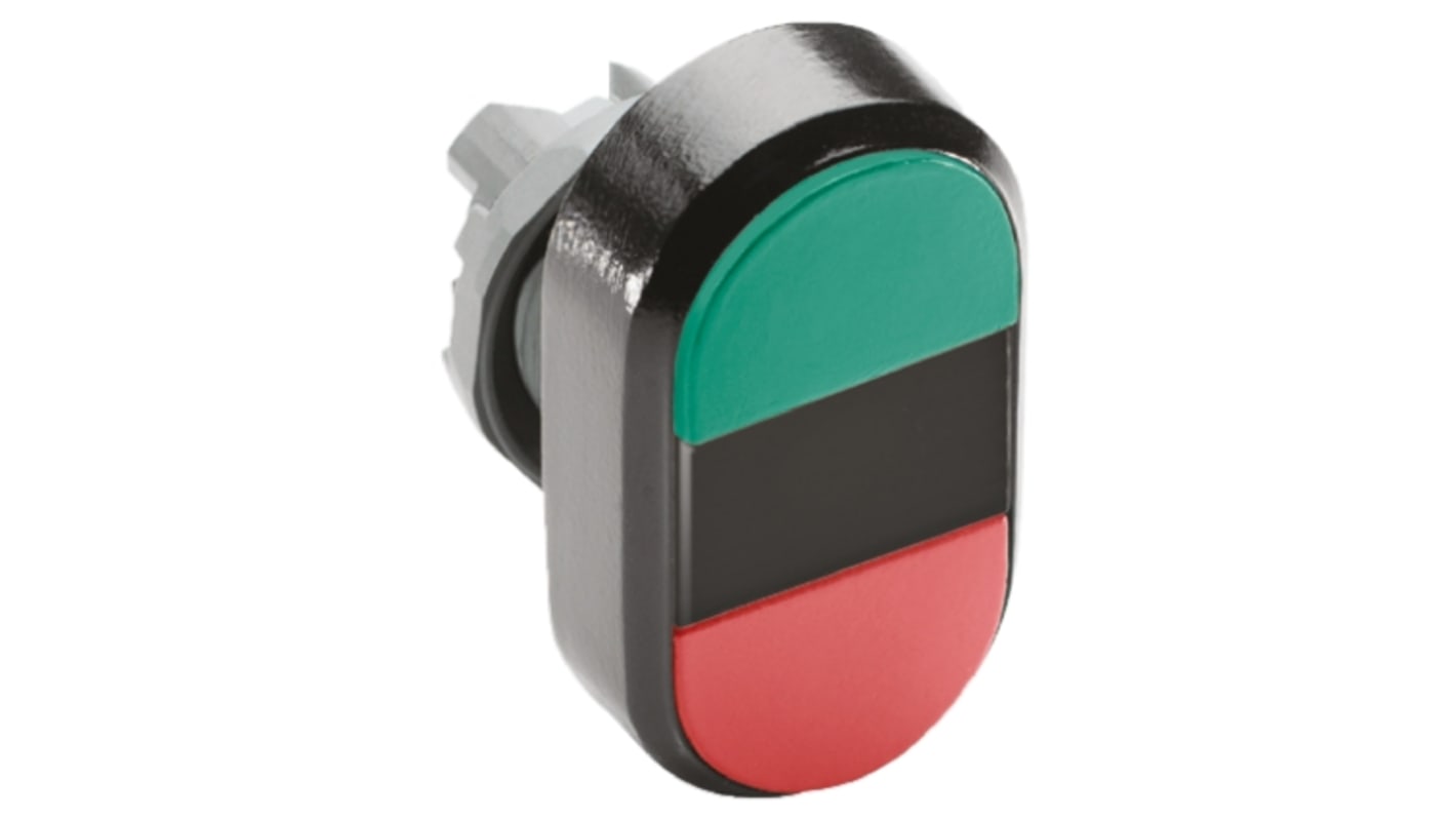 ABB MPD1-11B, attuatore pulsante instabile verde e rosso, diametro foro 22 mm, grado di protezione IP66, per applicazioni industriali.