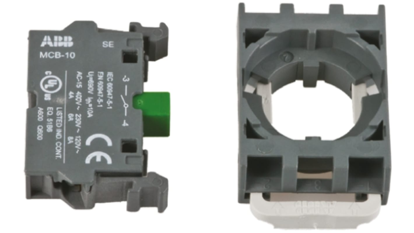 ABB MCBH-20, blocco contatti 2 NA con collegamento rapido e collare di fissaggio, progettato per applicazioni modulari.