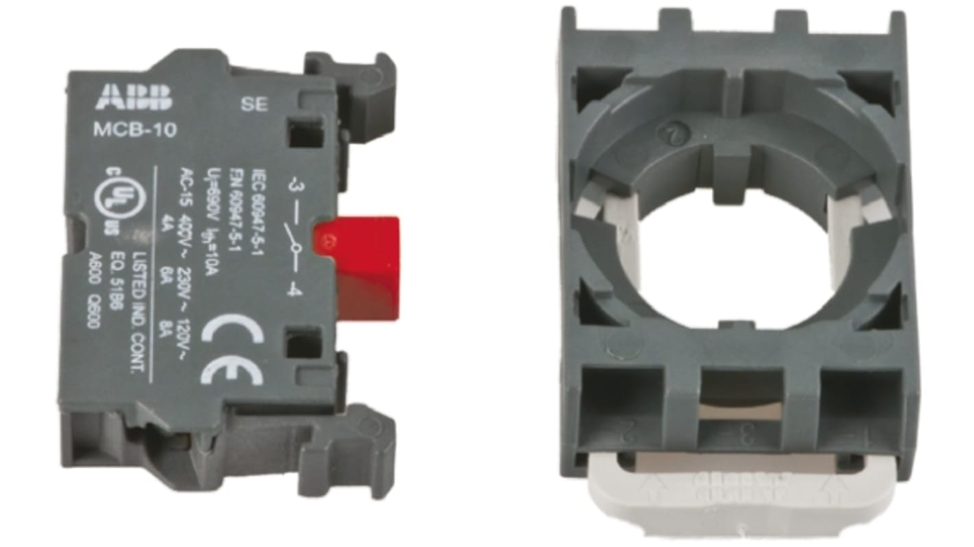 Blocco contatti ABB 2NC MCBH-02, unità ausiliaria modulare da 22 mm con collegamento rapido e contatti autopulenti.