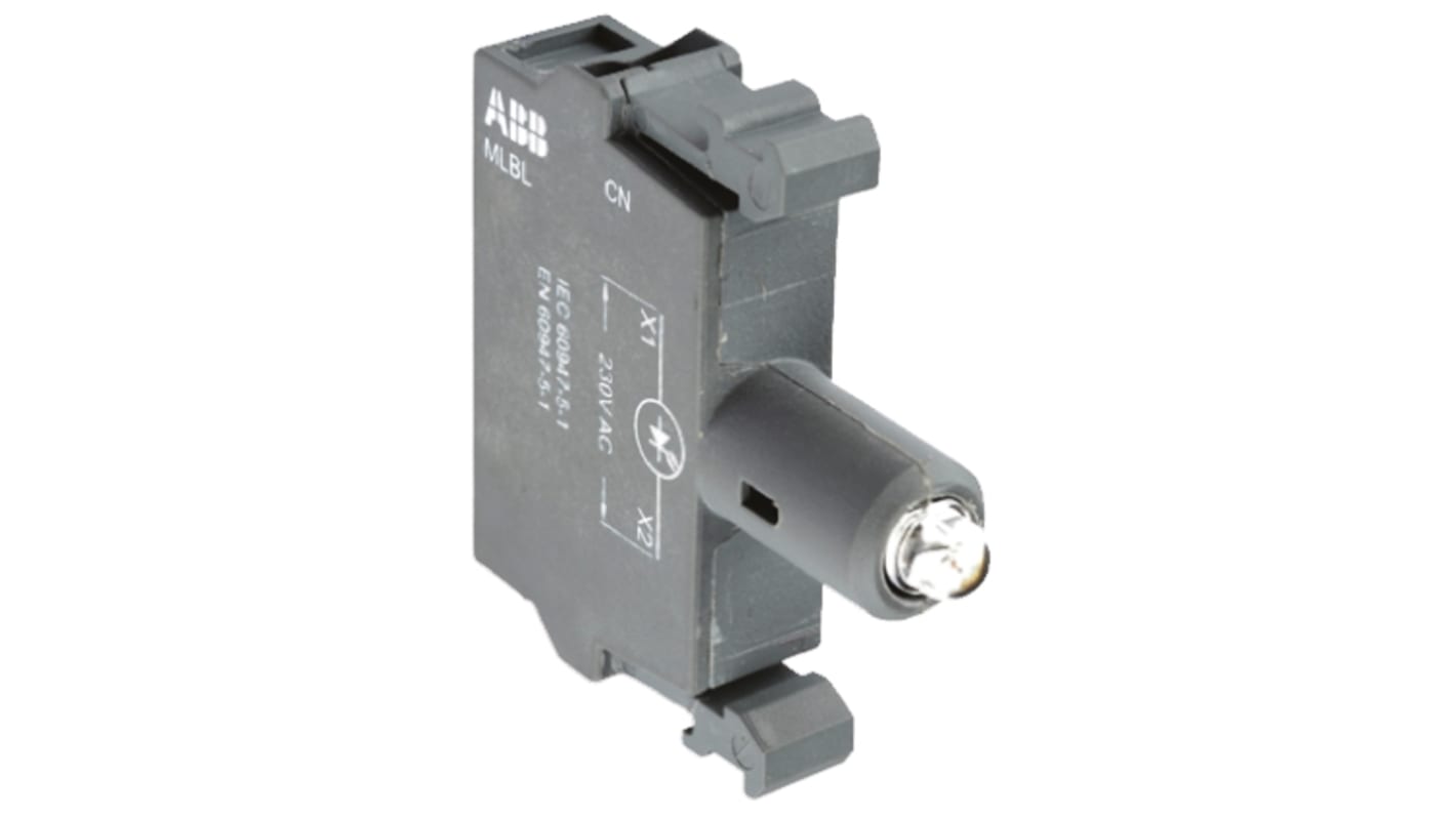 Blocco contatti luminoso LED verde ABB, tensione 110 V, montaggio frontale, progettato per evitare illuminazione da dispersione.