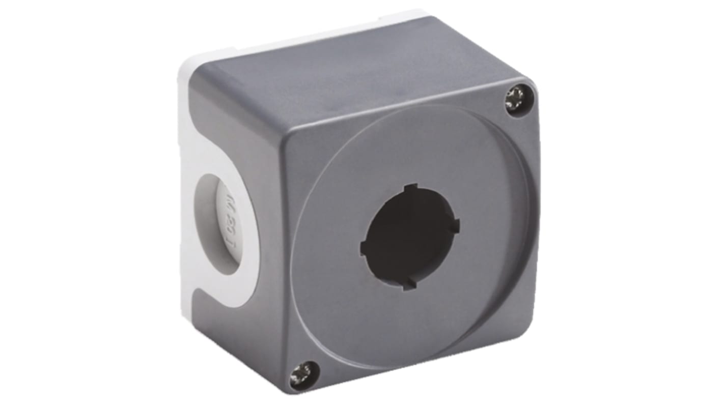 Scatola per pulsante ABB MEP1-0, IP66, plastica grigia, 1 foro Ø 22mm, dimensioni 101x74.4x60.5mm, viti INOX incluse.