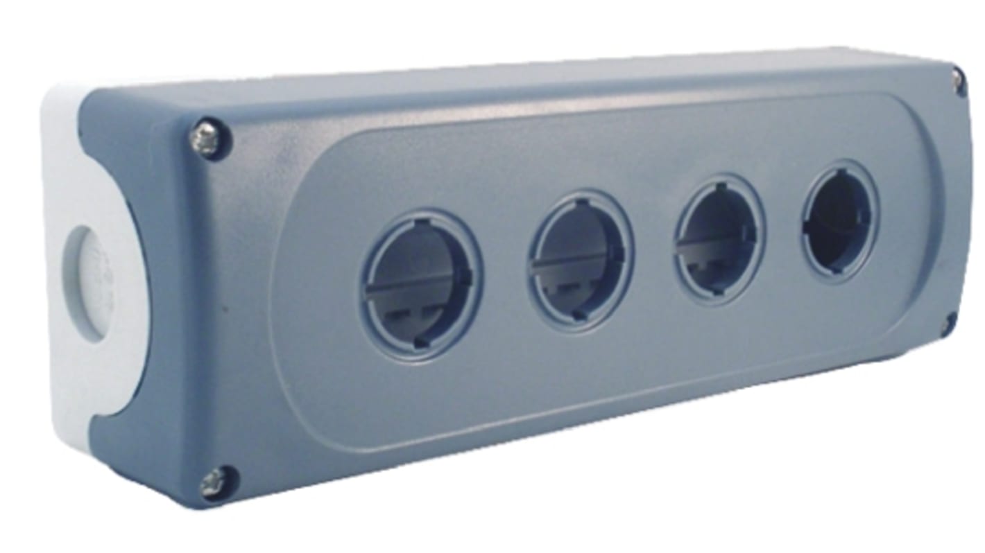 Scatola per pulsante ABB MEP4-0, IP66, 4 fori Ø 22mm, plastica grigia, dimensioni 221x74.4x60.5mm, viti in acciaio INOX.