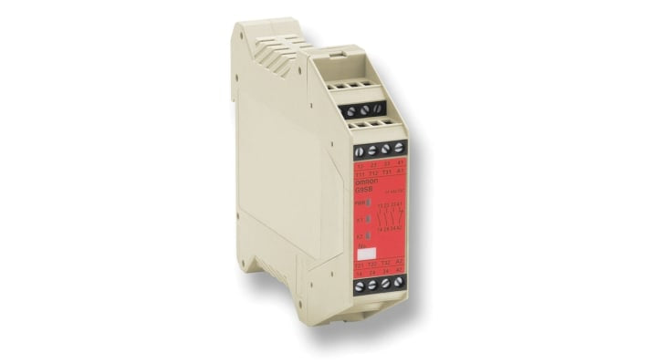 Omron G9SB-3010 DC24, relè di sicurezza ultrasottile con 2 canali, montaggio su guida DIN, dimensioni 17,5x100x112 mm.