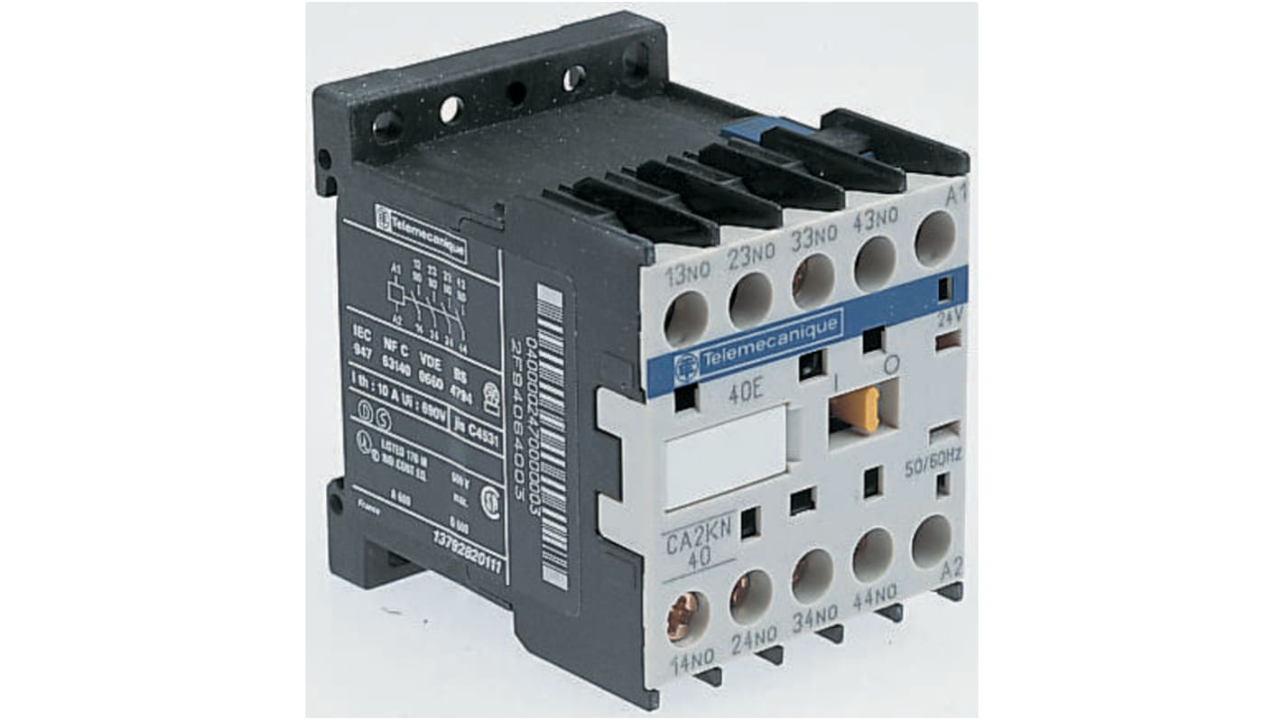 Contattore Schneider Electric CA3KN40FD, 4NO, 10 A, montaggio a vite, dimensioni 45x58x57 mm, grado di protezione IP2x.