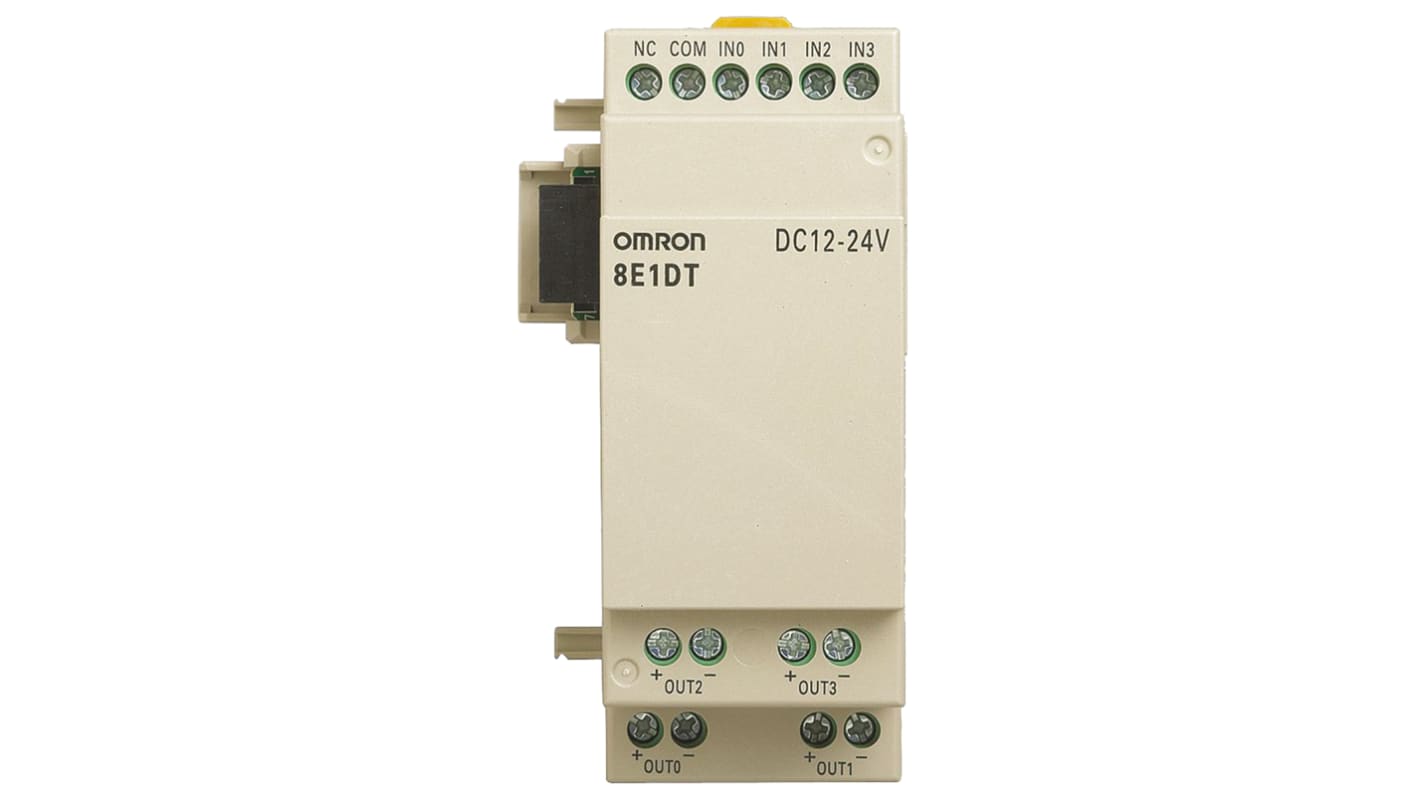 Modulo I/O Omron ZEN8E1DT per guida DIN, 4 ingressi analogici, 4 uscite transistor, dimensioni 94 x 35 x 54 mm.