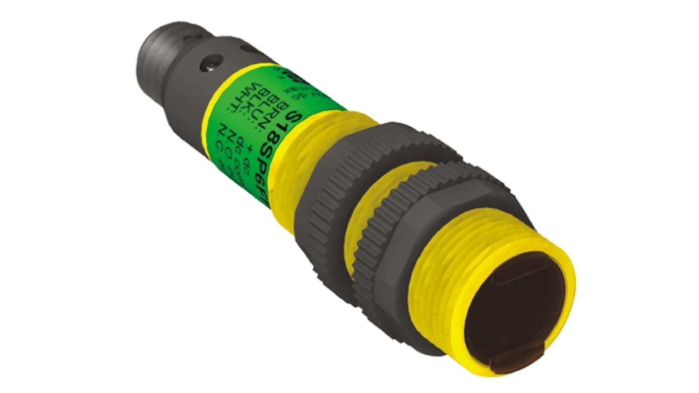 Sensore fotoelettrico cilindrico Banner S18SP6FF100Q, rilevamento diffuso, IP69K, uscita PNP, 0-100 mm, -40/+70 °C.