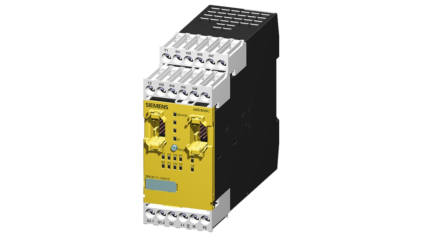 Controller di sicurezza Siemens 3RK3111-1AA10, 8 ingressi, 2 uscite, 24 V c.c., design modulare, dimensioni 113 x 45 x 124 mm.