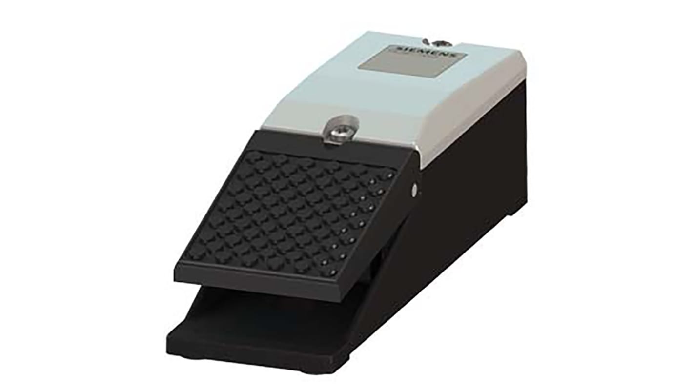 Interruttore a pedale Siemens 3SE2912-2AB20, SPDT, IP65, alluminio, dimensioni 220 x 70 x 61 mm, per arresto di emergenza.