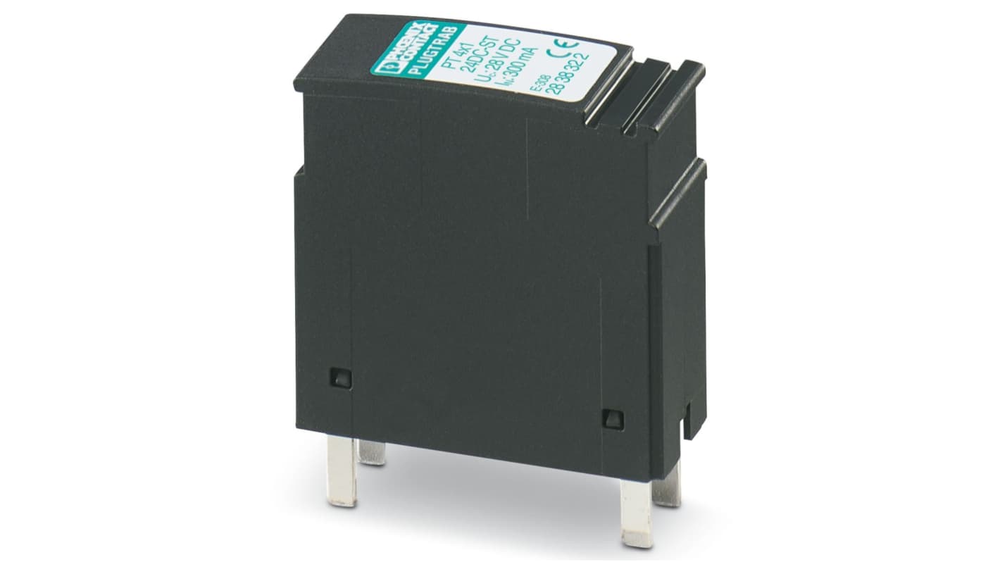 Tappo protettivo PT Phoenix Contact 2838322, connettore maschio per protezione sovratensioni, 24 V c.c., dimensioni 17,7 x 45 x 52 mm.