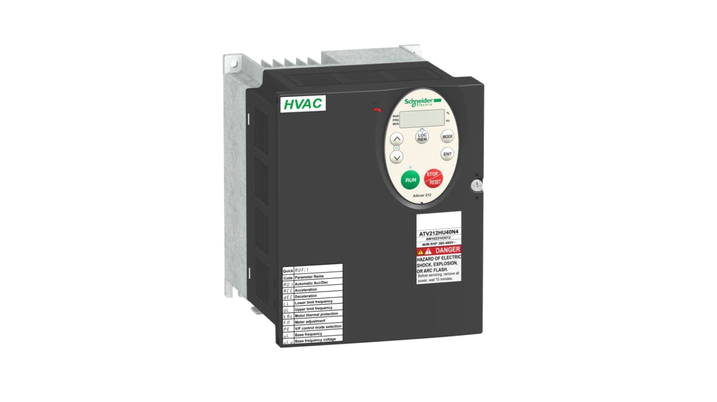 Inverter 3 fasi Schneider Electric ATV212HU55N4, potenza 5,5 kW, tensione 400 V, dimensioni 184x142x150 mm, grado di protezione IP21.