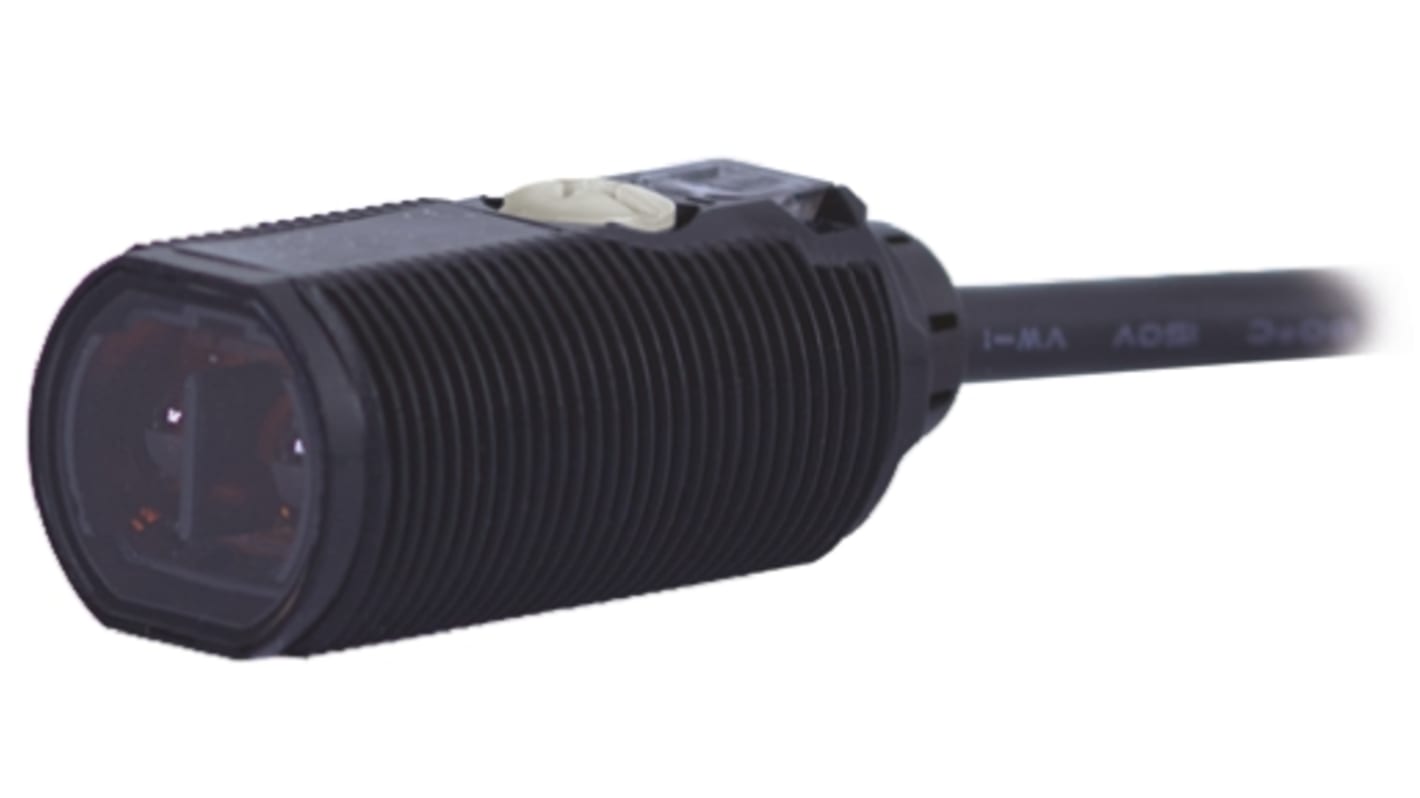 Omron E3FALN122M, sensore fotoelettrico cilindrico con rilevamento a 200 mm, uscita NPN, grado di protezione IP67/IP69K.