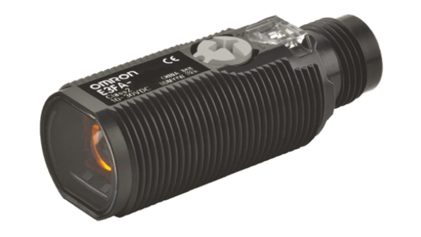 Sensore fotoelettrico cilindrico Omron E3FA-DN23, rilevamento fino a 1 m, uscita NPN, grado di protezione IP67/IP69K.