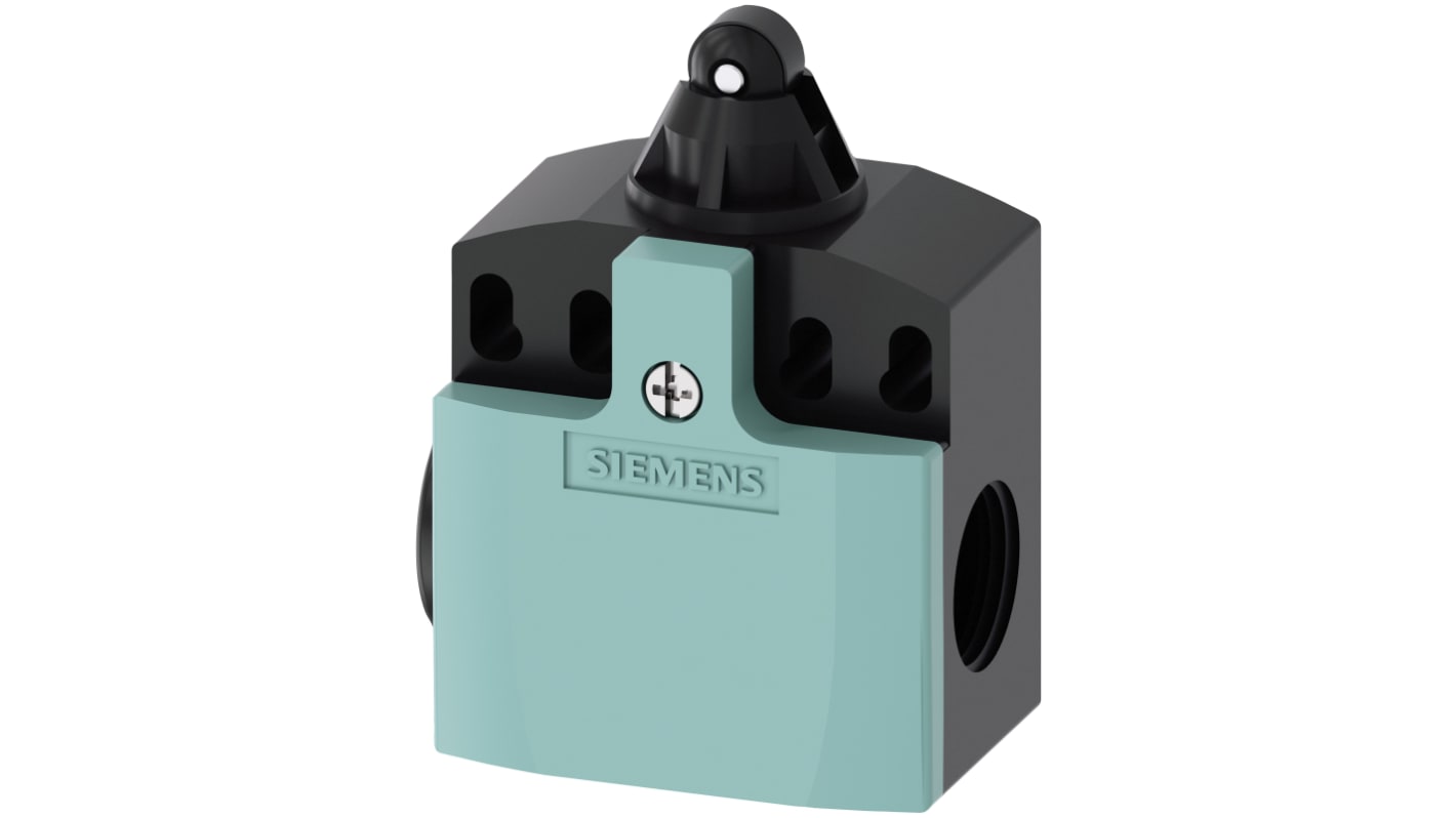 Interruttore di fine corsa Siemens 3SE5242-0HD03, tasto a rotella NO/NC, dimensioni 50x33x53mm, grado di protezione IP65.