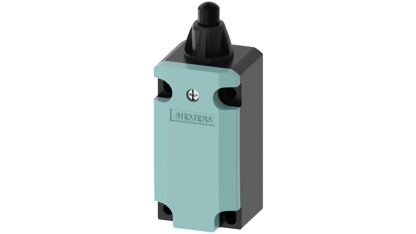 Interruttore di fine corsa Siemens 3SE5132-0CC03 con stantuffo rotondo, configurazione NO/NC, grado di protezione IP65. Dimensioni 40.5x37.3x78 mm.