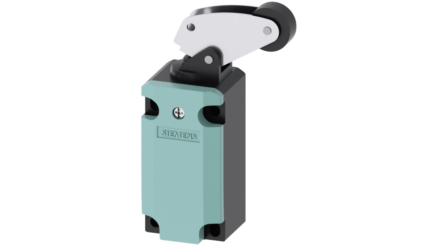 Interruttore di fine corsa Siemens 3SE5132-0CF05 con leva a rullo, configurazione NO/NC, grado di protezione IP65, dimensioni 40.5 x 37.3 x 78 mm.