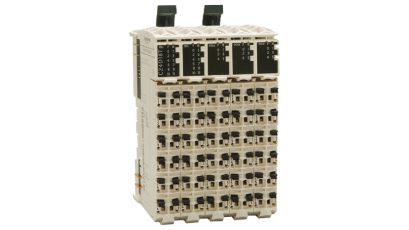 Modulo I/O digitale Schneider Electric TM5C24D18T per PLC Modicon, 24 ingressi e 18 uscite, montaggio su guida DIN, dimensioni 99 x 62,5 x 75 mm.
