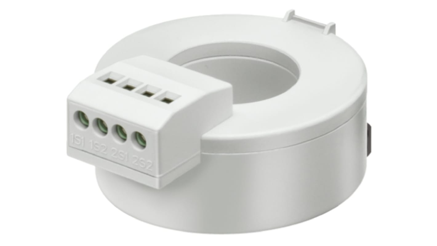 Trasformatore di corrente Siemens 5SV8700-0KK, tipo toroidale, foro 20mm, altezza 34mm, per controllo corrente residua.