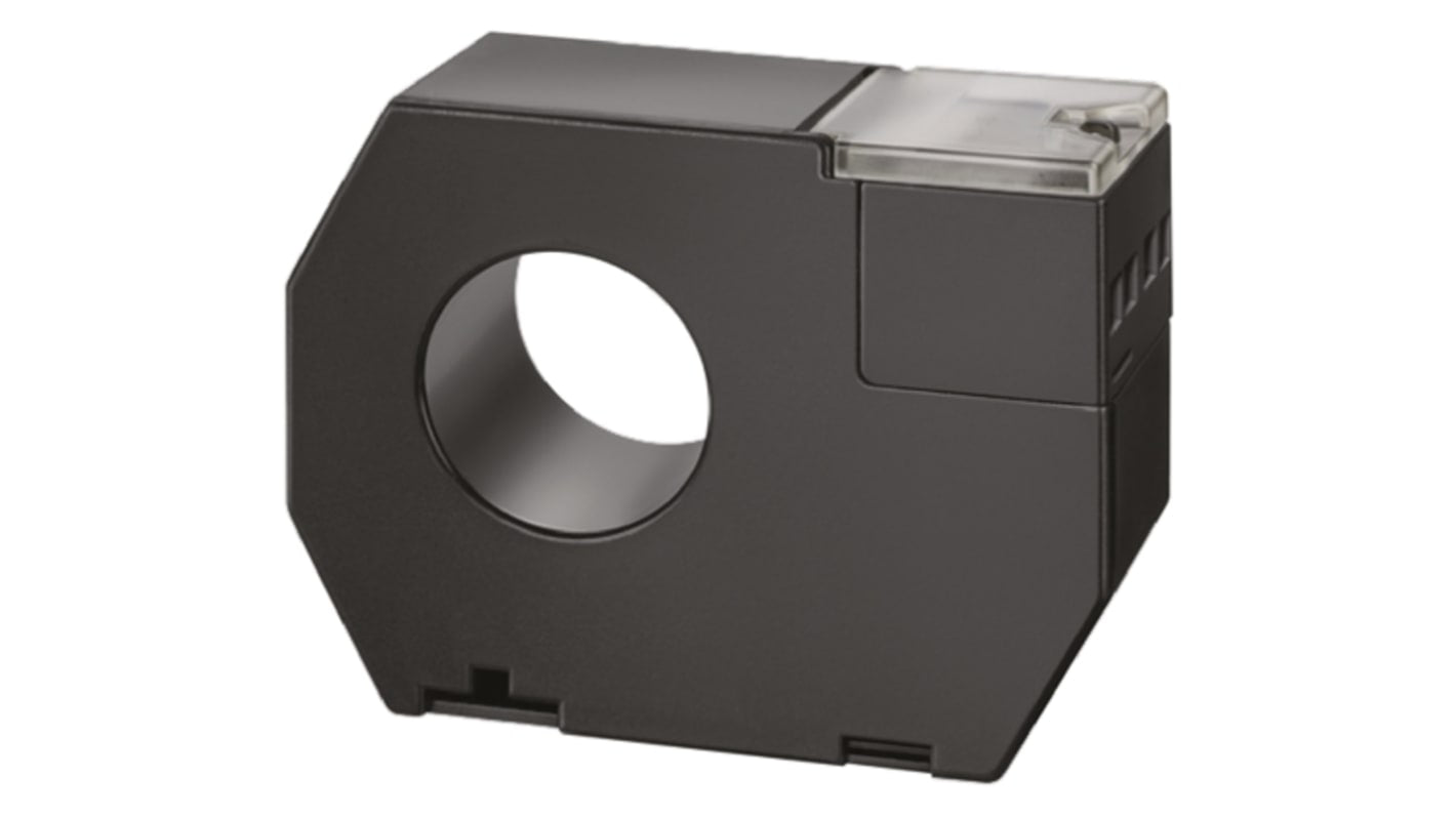 Trasformatore di corrente Siemens 5SV8702-0KK, tipo toroidale, foro 35mm, dimensioni 79x100x58.8mm, per controllo squilibri di corrente.