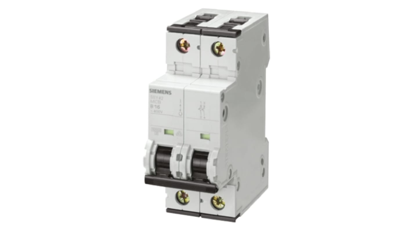 Interruttore magnetotermico Siemens 2P 20A 10 kA, Tipo D, Serie 5SY4 - Prodotto industriale elettronico per protezione circuiti, con curve di azionamento B, C e D.