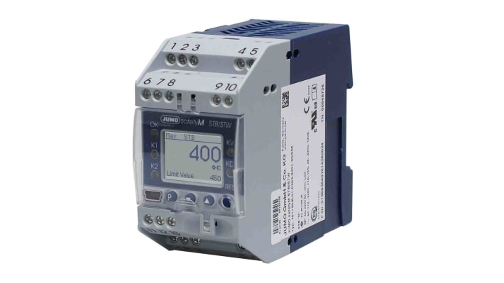 Limitatore di temperatura Jumo 701150/8-01-0253-2001-23/005, tensione 110-240 V, dimensioni 85 x 45 mm, monitoraggio ON/OFF.