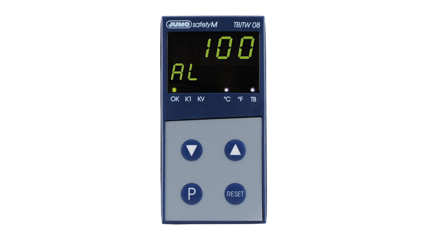 Limitatore di temperatura Jumo 701170/8-0153-1001-23/005, programmabile, montaggio a pannello, dimensioni 96 x 48 mm, IP65.