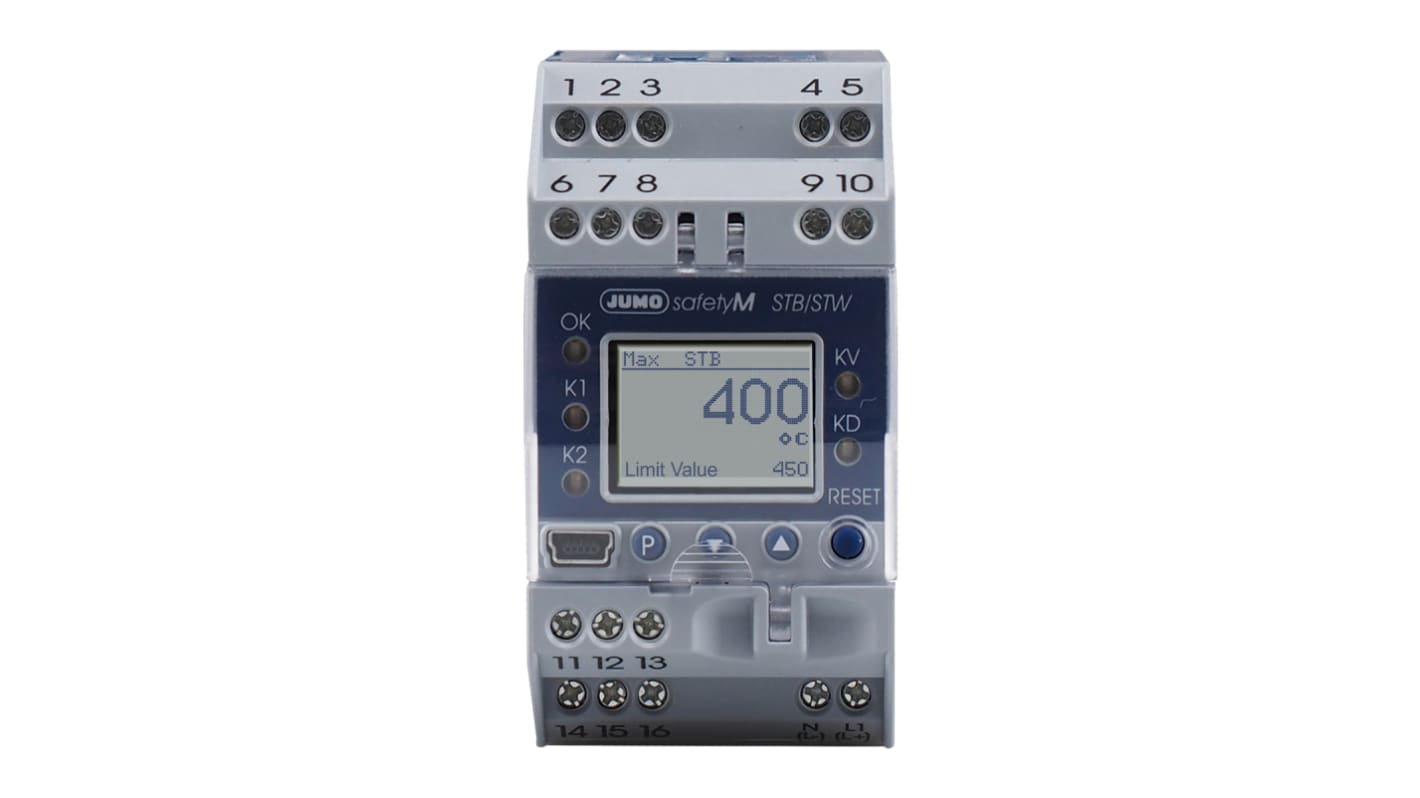 Jumo 701150/8-01-0253-2001-25/005, limitatore di temperatura STB/STW, 20-30 V, dimensioni 84 x 45 mm, display LCD, IP20.