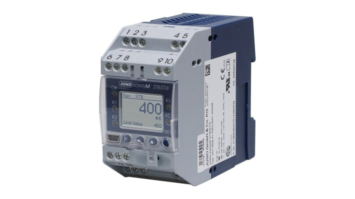 Jumo 701150/8-01-0253-2001-25/005, limitatore di temperatura STB/STW, 20-30 V, dimensioni 84 x 45 mm, display LCD, IP20.