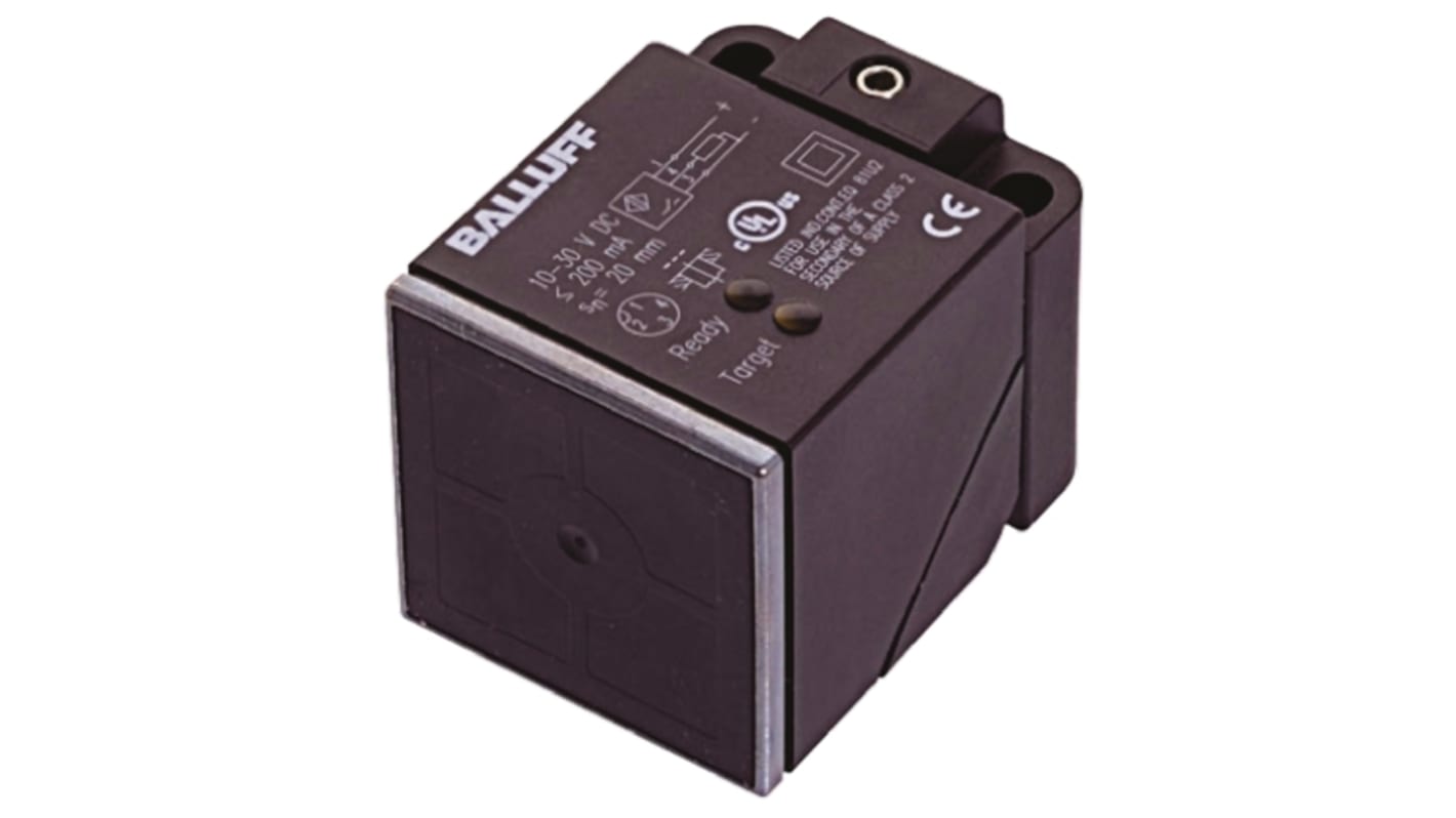 Sensore di prossimità induttivo BALLUFF BES Q40KFU-PSC20B-S04G, PNP, rilevamento 20 mm, IP67, montaggio a filo, dimensioni 62x40x40 mm.