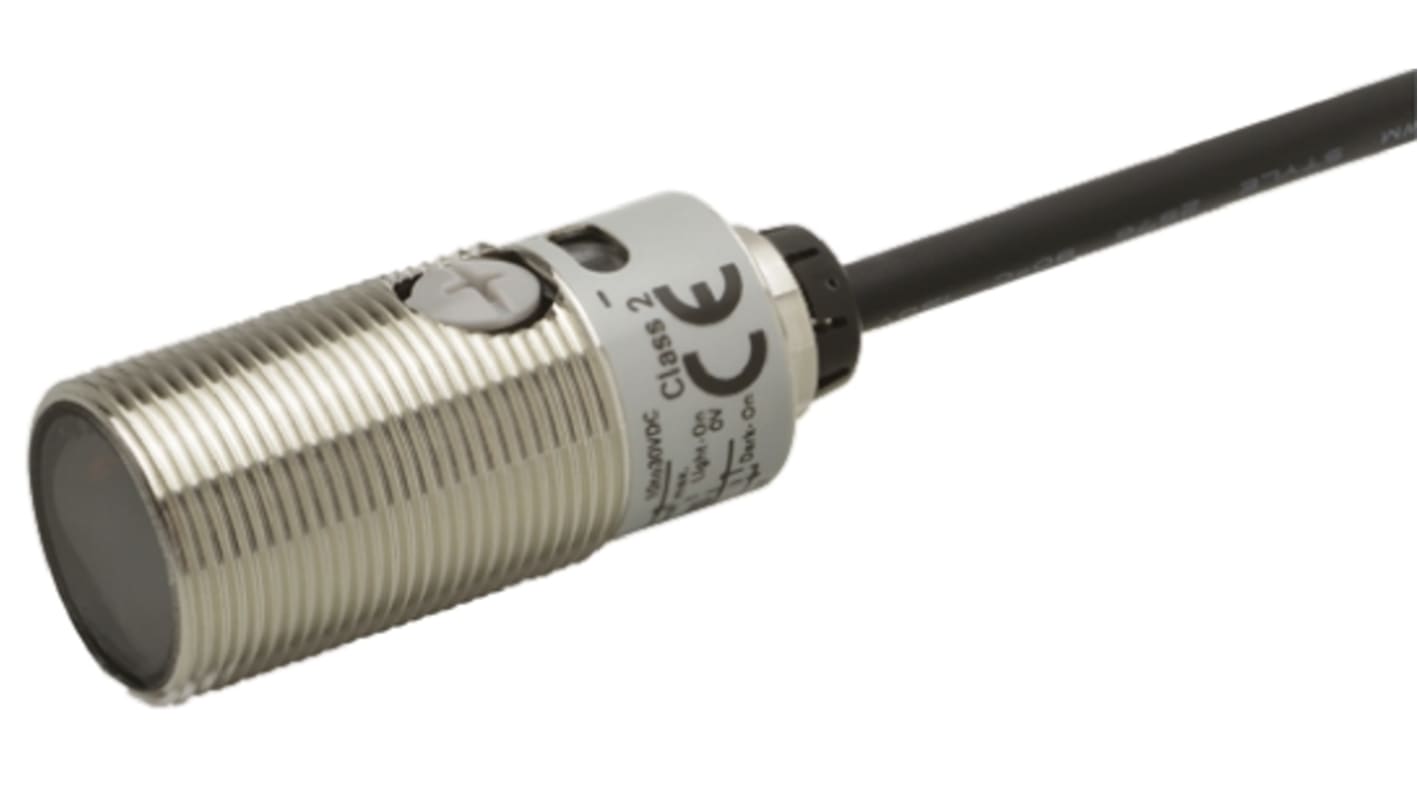 Sensore fotoelettrico cilindrico Omron E3FBDN122M, rilevamento 300 mm, uscita NPN, grado di protezione IP67/IP69K.
